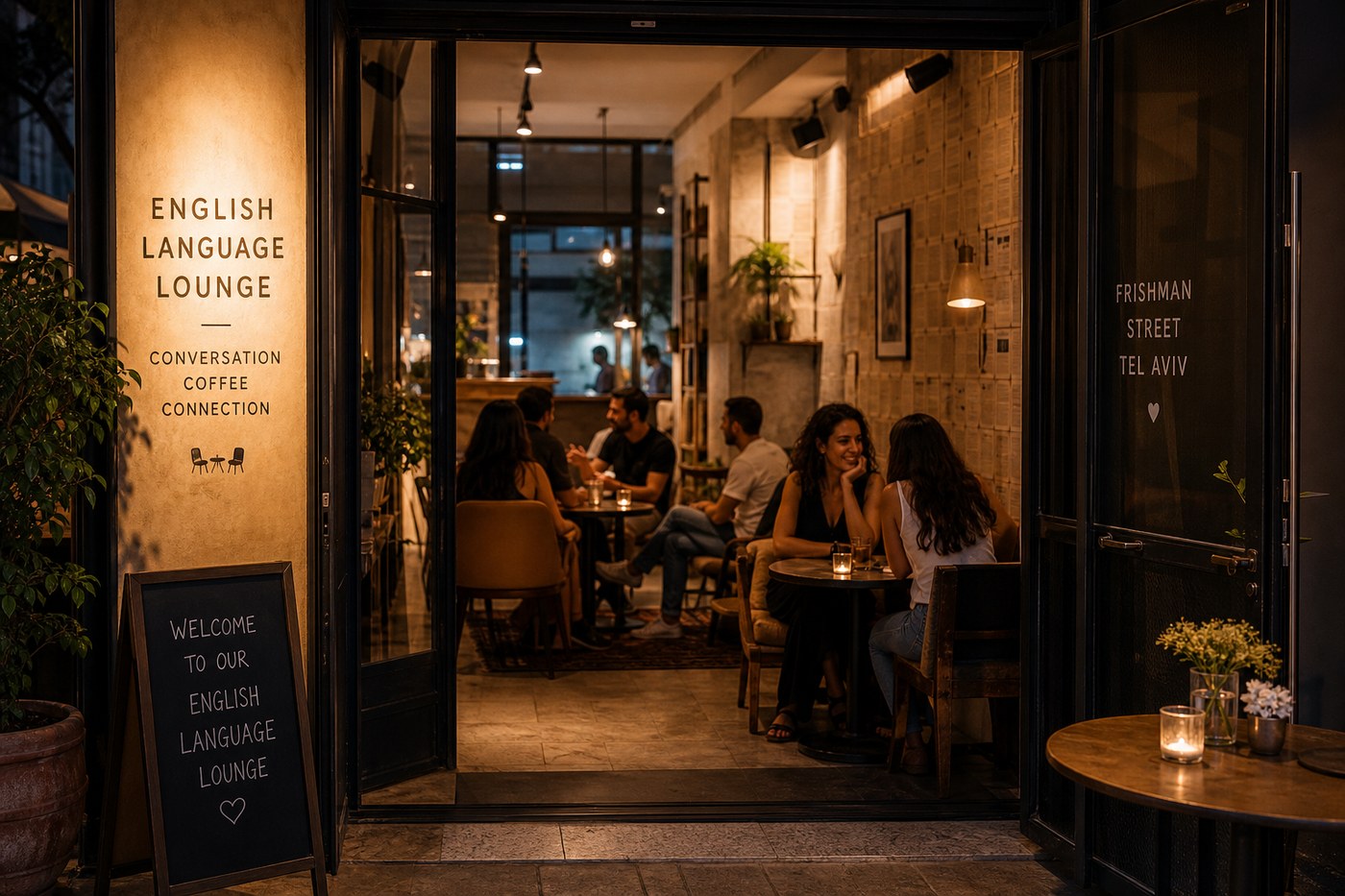 Inviting Tel Aviv English cafe interior on Frishman Street