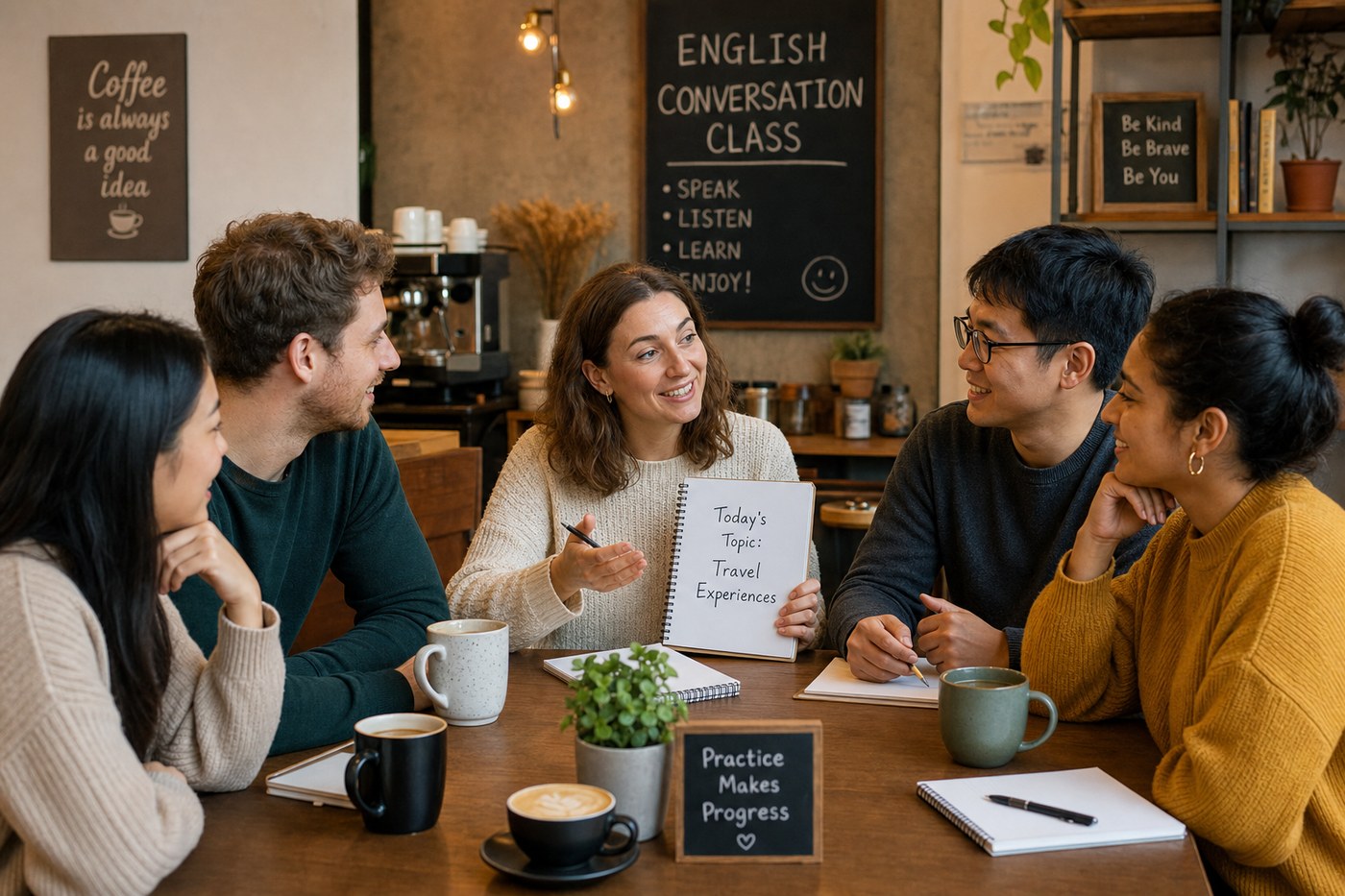 Small group English conversation class at cozy cafe table