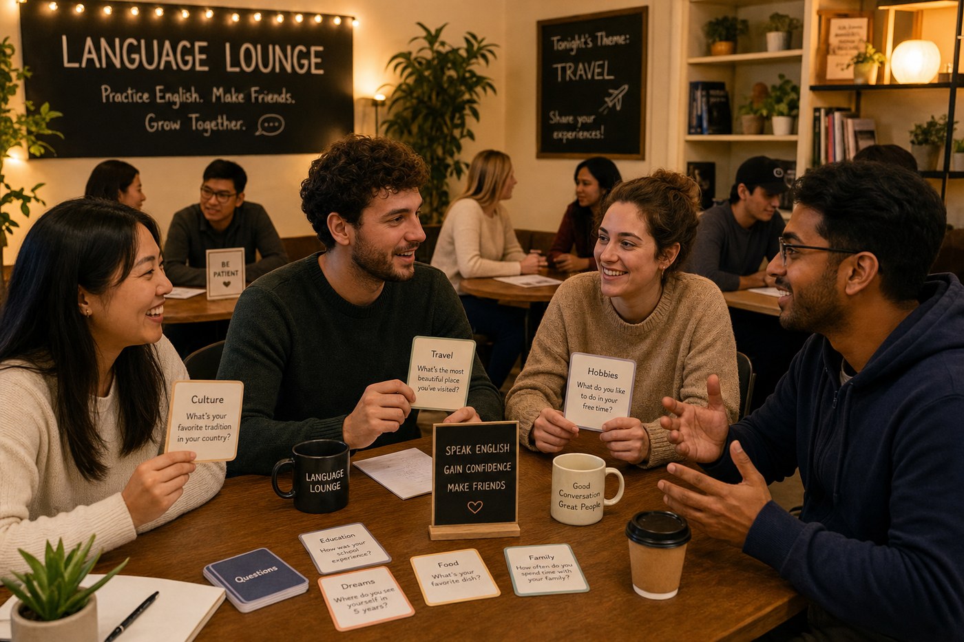 Evening English meetup with flashcards and coffee